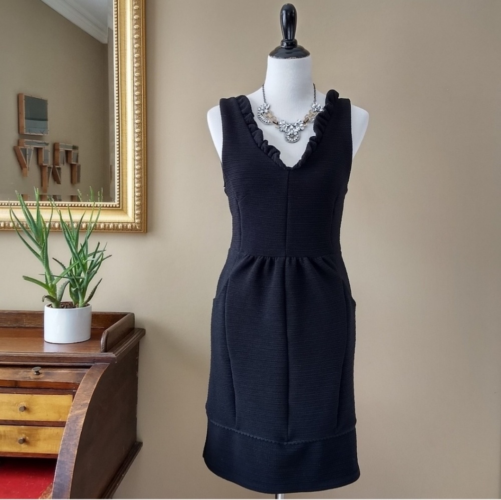 Anthropologie Black Ruffle V-Neck Mini Dress - Picture 4 of 8